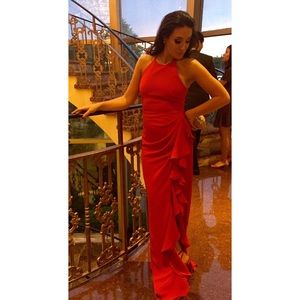Badgley Mischka Sexy Red Halter Ruffle Gown